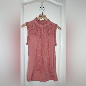 Women’s Sleeveless Blouse Mauve Lace High Neck Medium